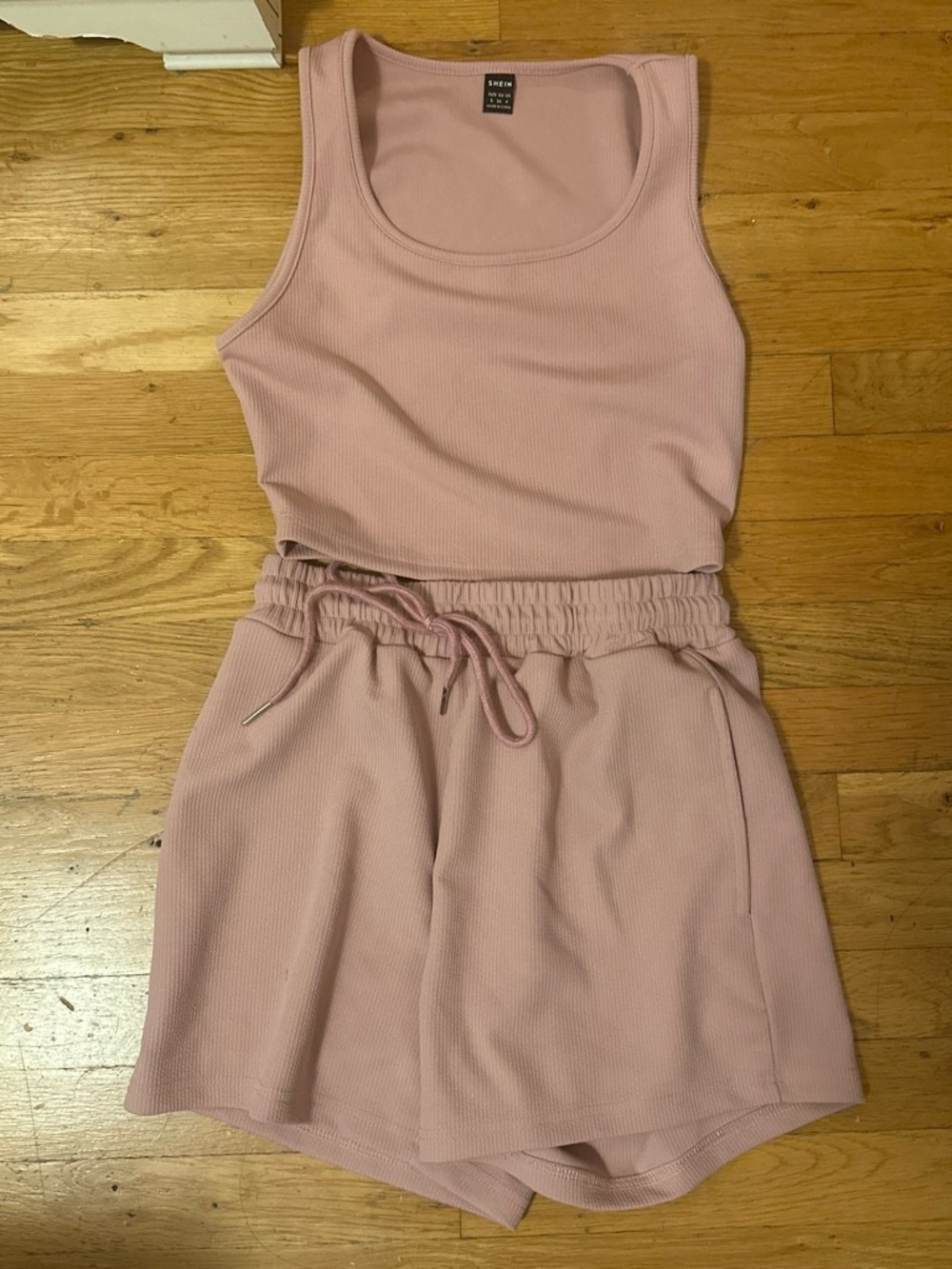 Ribbed Tank & Drawstring high waist short Set - Pink